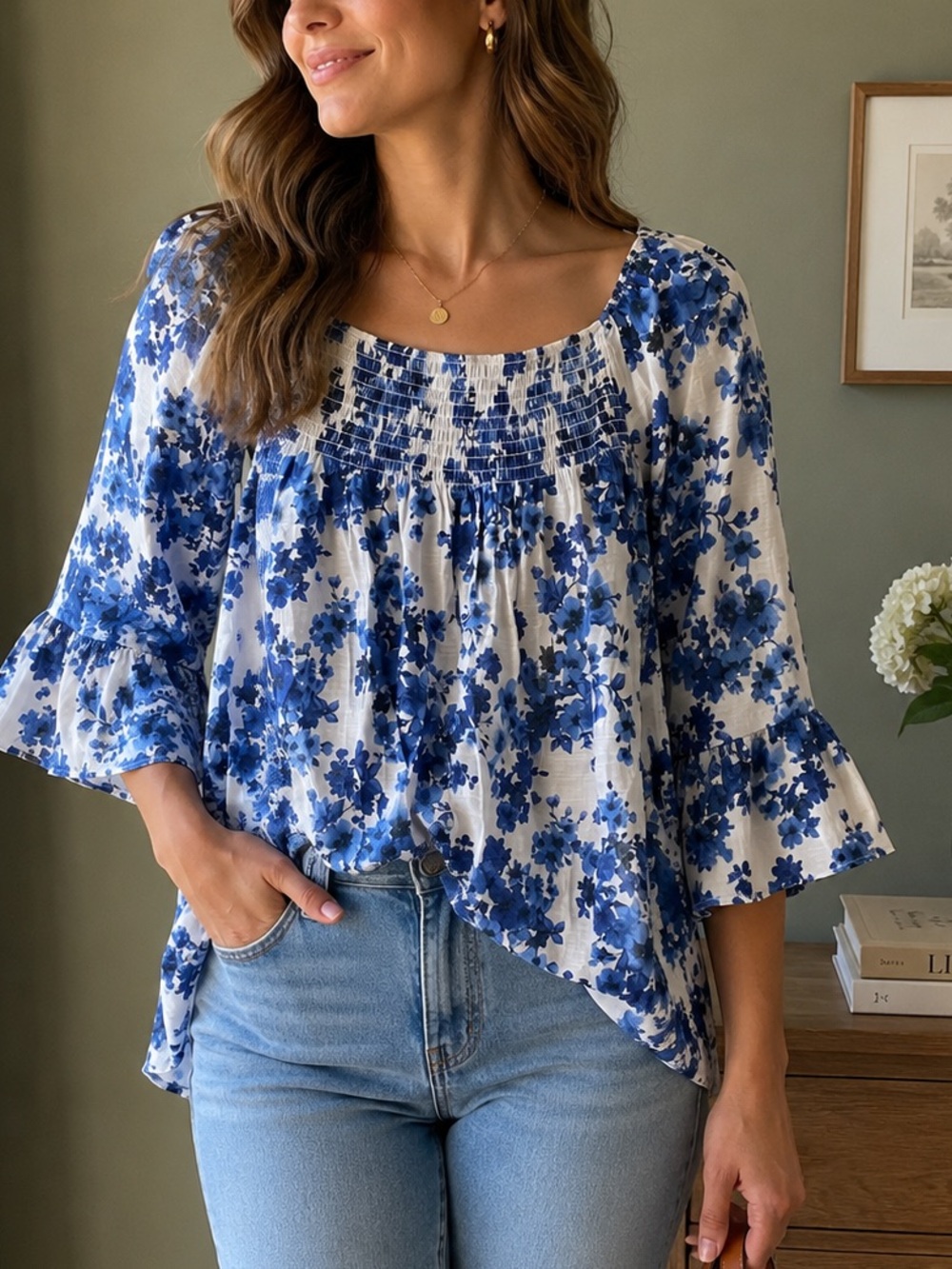 Counterparts Blue & White Floral Smocked Peasant Blouse Bell Sleeve Size Small